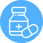 A bottle of medicine and pill on a blue background